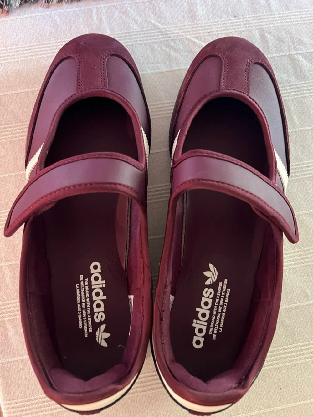 adidas Burgundy Mary Jane Sneakers with White Stripes - Picture 2 of 5